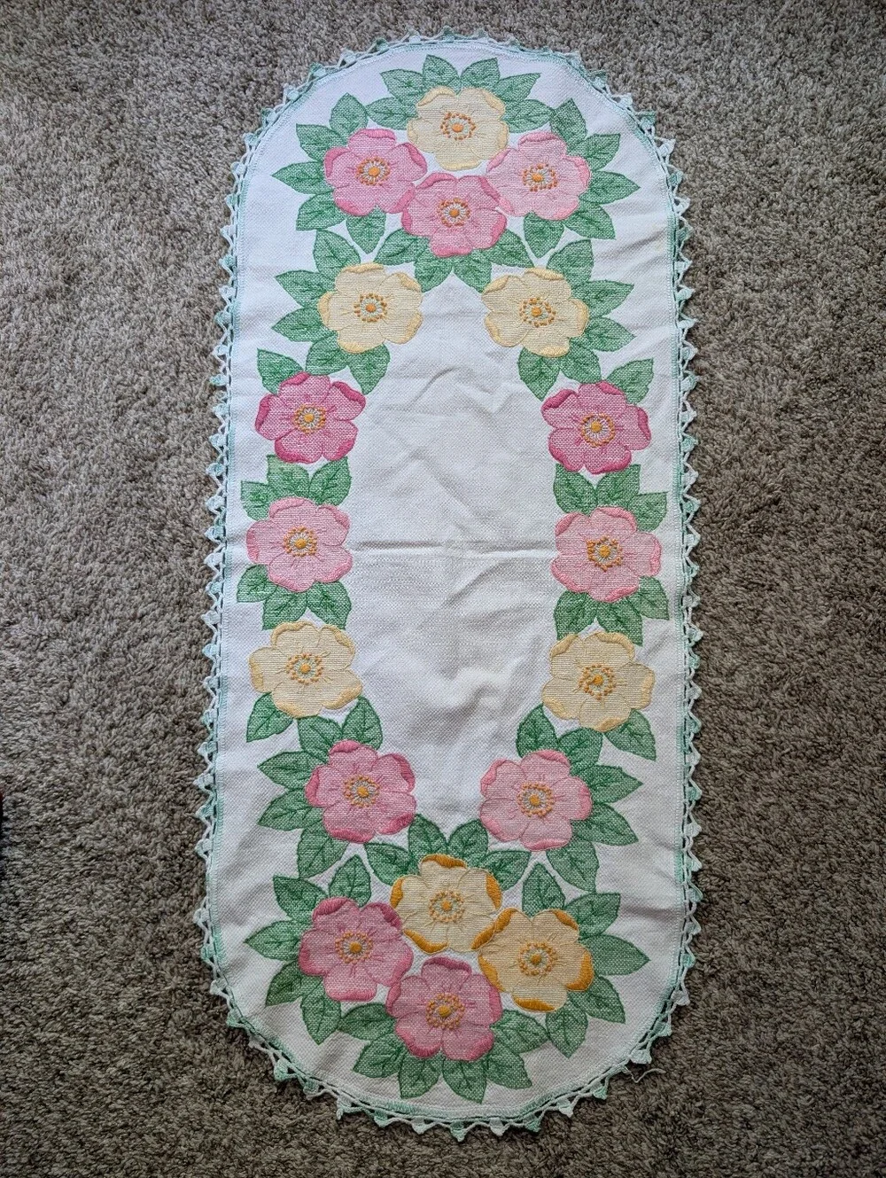 Hand-Embroidered Floral Table Runner - Pink & Yellow Flowers Cottage Core